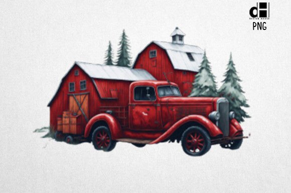 Christmas Red Farm Truck and Barn PNG for Holiday Designs