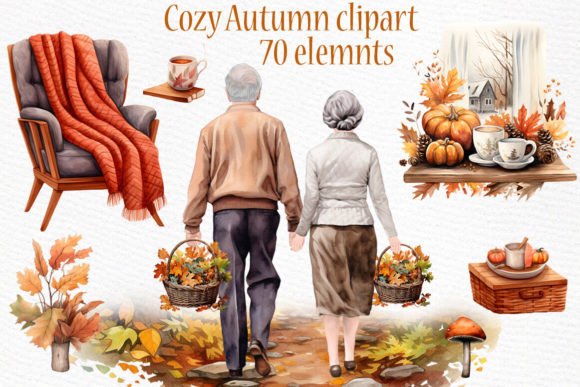 Cozy Autumn Clipart Grandparents Clipart: Watercolor Warmth for Your Designs