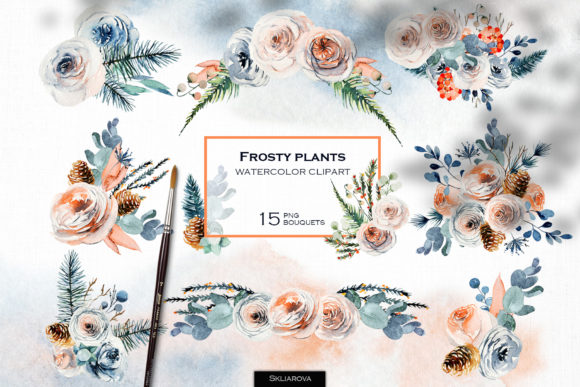 Frosty Bouquets Set: Elegant Watercolor Design Assets