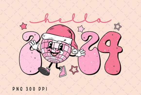 Hello 2024 New Year Retro Disco Ball PNG for Digital Projects