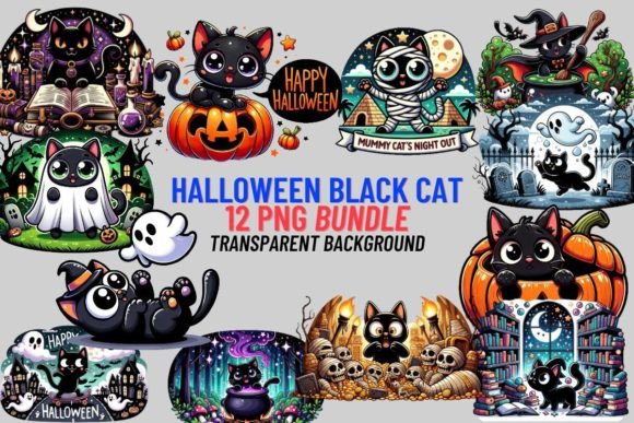 Spooky & Stylish: Cartoon Halloween Black Cats Sublimation